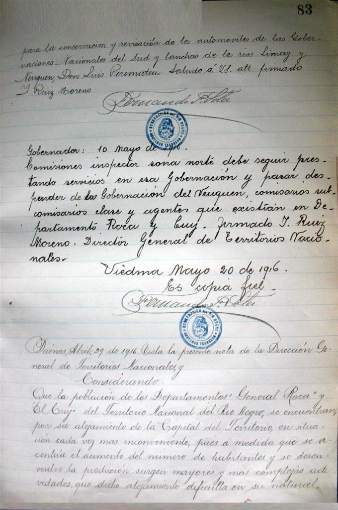 Copiador de Notas de la Gobernación 1916 – 1918 del Archivo Histórico de Viedma.