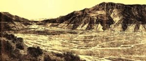 Vista de lo que quedaba del lago Carri Lauquén, con posterioridad a su vaciado, en 1914, según el geólogo Groeber en 1916.