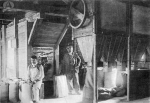 En 1908 ya funcionaba el primer molino harinero y se planificaba exportar a Chile y, vía el Limay, a las actuales provincias de Neuquén y Río Negro. Posan para el fotógrafo Hermann Haneck junto a su ayudante en el interior del establecimiento. (Federico Silim).