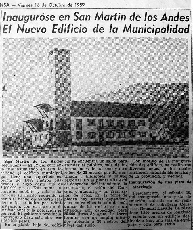 Diario La Prensa del viernes 16 de Octubre de 1959, haciendo mención al nuevo edificio de la Municipalidad de San Martín de los Andes.