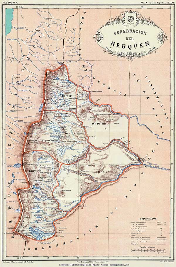 Mapa de la Gobernación del Neuquén en 1887 - reeditado en 1888, del Atlas Geográfico de la República Argentina, de Mariano Felipe Paz Soldán Buenos Aires - Librería de Felix Lajouane - 1887