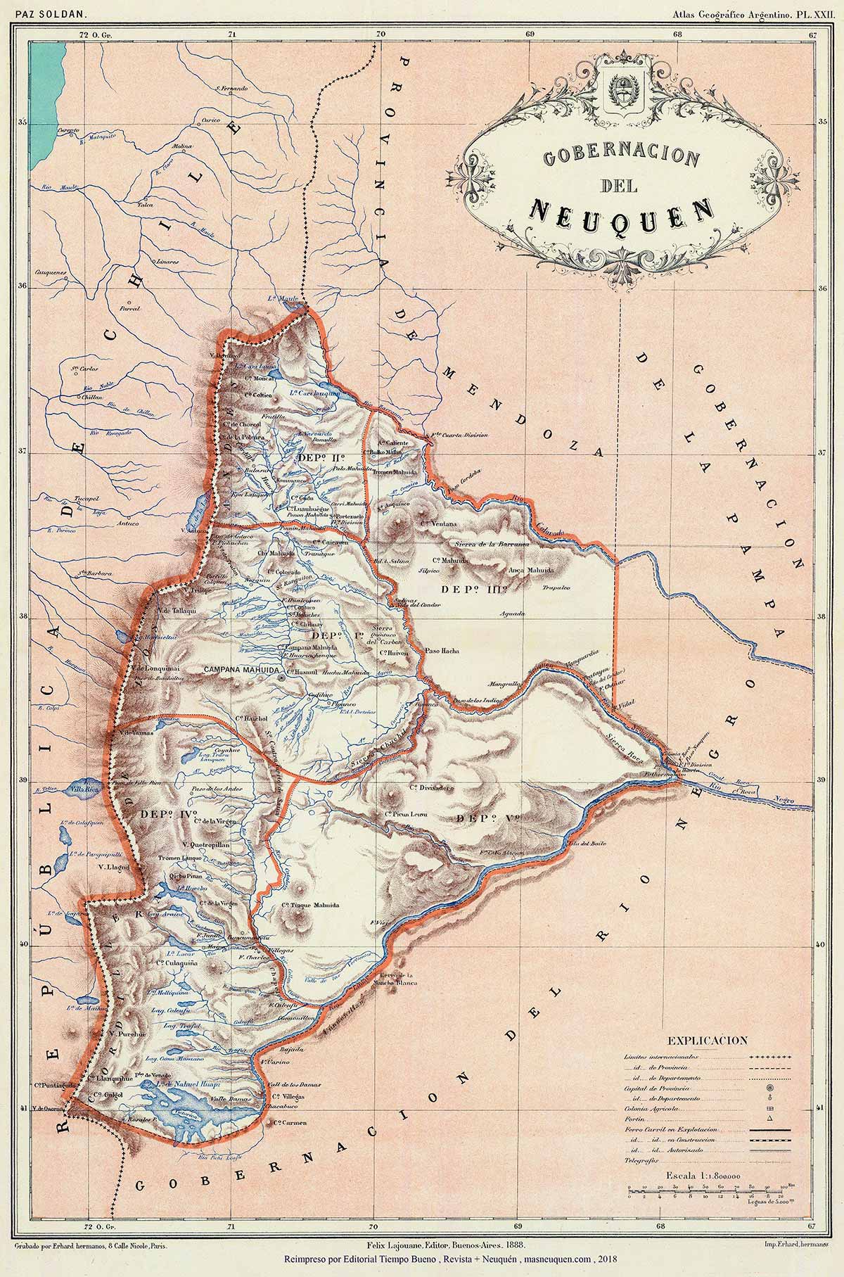 Mapa de la Gobernación del Neuquén en 1887 - reeditado en 1888, del Atlas Geográfico de la República Argentina, de Mariano Felipe Paz Soldán Buenos Aires - Librería de Felix Lajouane - 1887