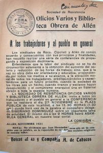 Propaganda de la Sociedad de resistencia, Oficios Varios y Biblioteca Obrera de Allen.