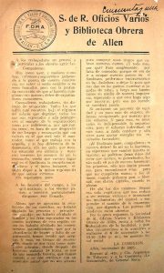 Propaganda de la Sociedad de resistencia, Oficios Varios y Biblioteca Obrera de Allen.