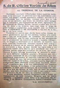 Propaganda de la Sociedad de Oficios Varios de Allen.