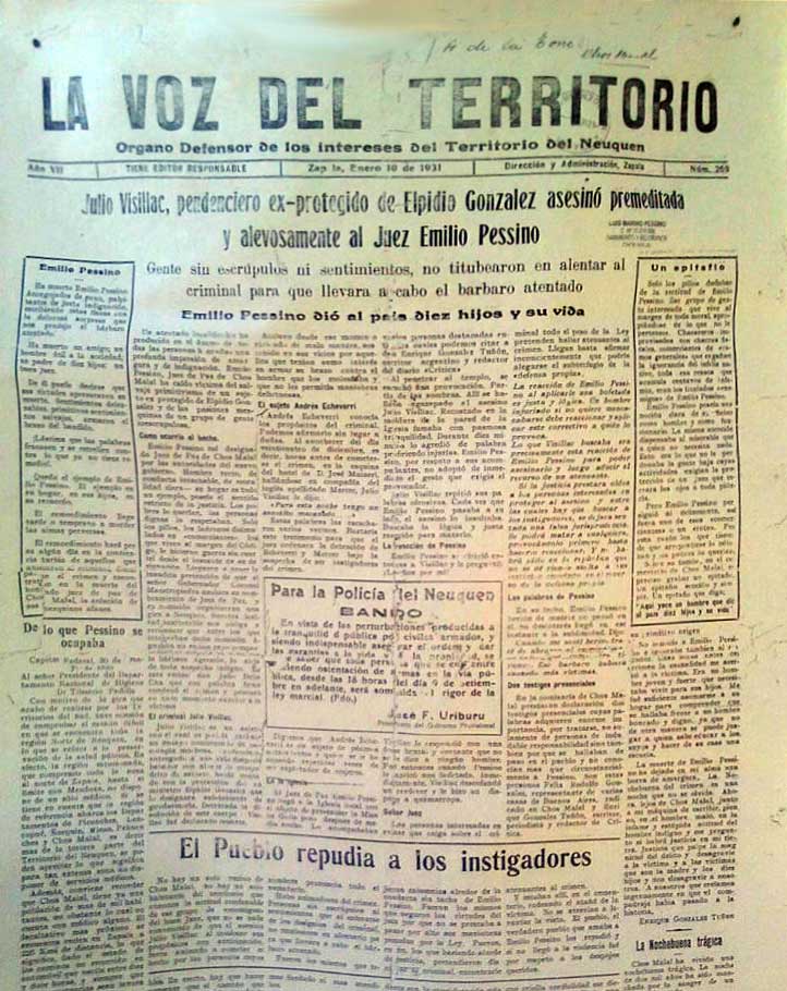 El asesinato del Juez de Paz Emilio Pessino en la nochebuena de 1930 de Chos Malal, conmocionó durante varios años el territorio del Neuquén.