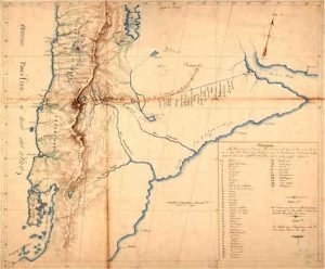 Mapa levantado por Luis de la Cruz y Goyeneche en 1806 y entregado con parte de su diario a las autoridades coloniales (Archivo Histórico Nacional de Chile. Mapa N° 224. Fondo: Varios. Volumen 934. Foja 232).