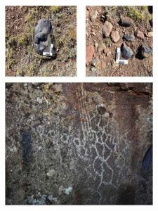 A-B: Materiales líticos arqueológicos con regla para poder estimar su dimensión en una imagen; C: Grabados de rombos, círculos, líneas rectas y escalonadas (Fotos: Sergio D’Abramo).