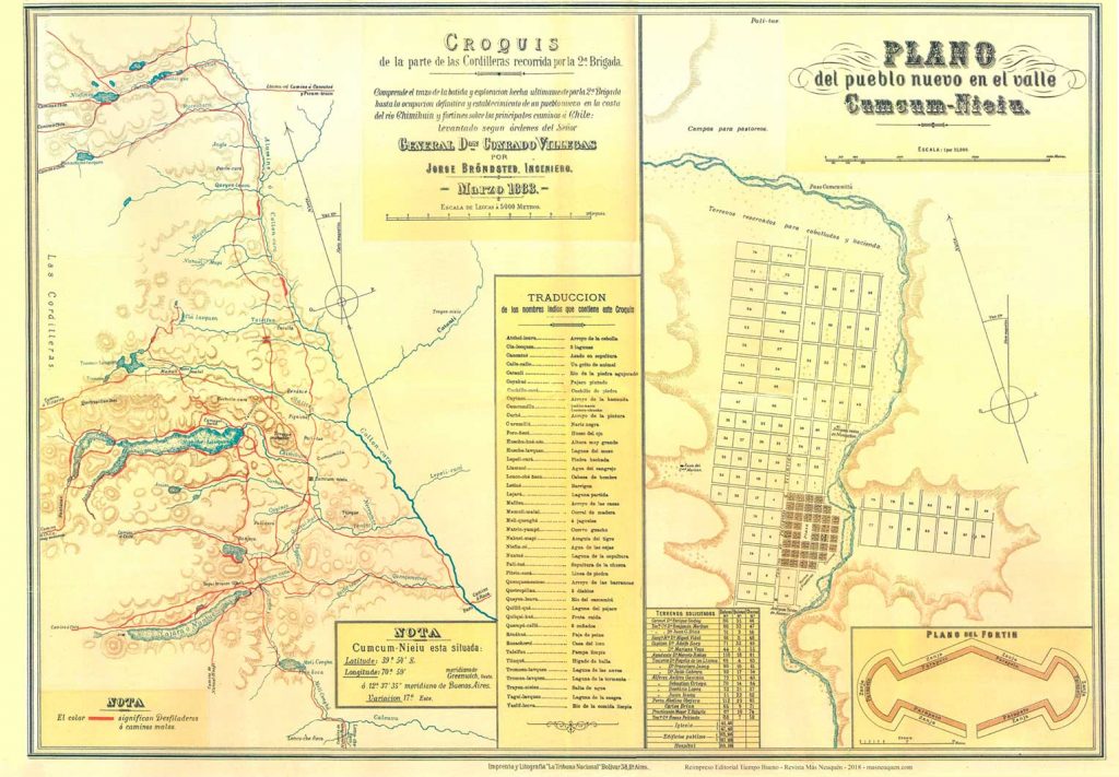 Mapas de la Costa del río Chimehuin recorrido por la 2º Brigada (1883), y plano del pueblo nuevo en el valle de Cumcum Nieiu (futuro Junín de los Andes).