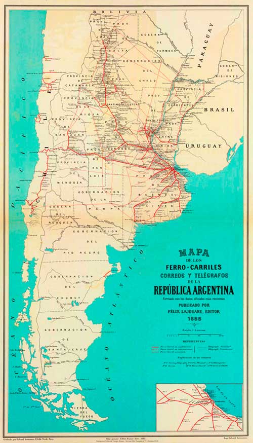Mapa de ferrocarriles, correos y telégrafos de la República Argentina - 1888 -