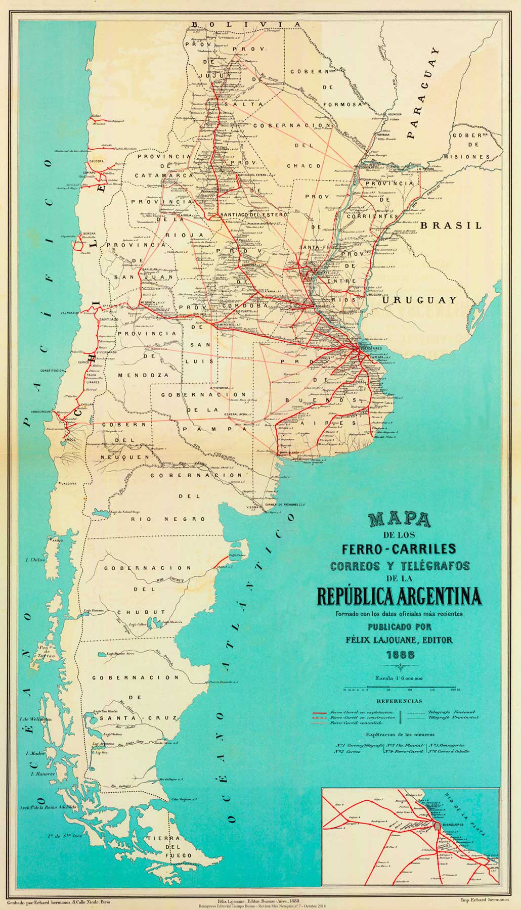 Mapa de la República Argentina - 1888 - Ferrocarriles, correos y telégrafos.
