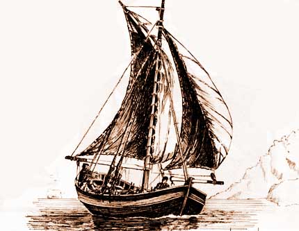 Chalupa española con vela del siglo XVIII, probablemente, similar a las utilizadas por Basilio Vilariño en su navegación por los ríos Negro, Limay y Collón Curá.