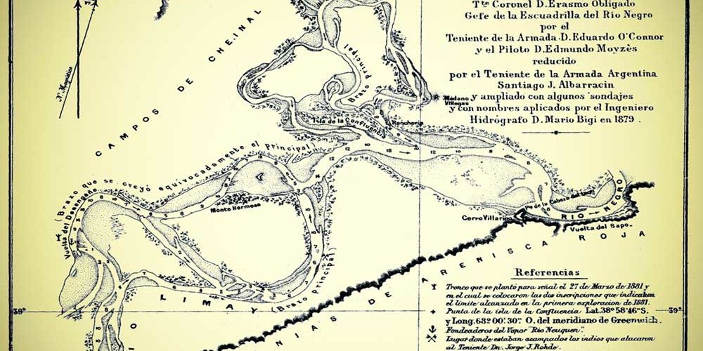 Plano de la confluencia del río Neuquén y el río Limay, según el Teniente Eduardo O´Connor y el piloto Edmundo Moyzés - 1879.