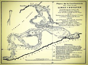 Plano de la confluencia del río Neuquén y el río Limay, según el Teniente Eduardo O´Connor y el piloto Edmundo Moyzés - 1879.