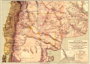 Mapa del territorio de la Pampa y Río Negro confeccionado por el Coronel Olascoaga, primer gobernador del territorio del Neuquén, publicado en su obra Estudio Topográfico de La Pampa y Río Negro (1880)