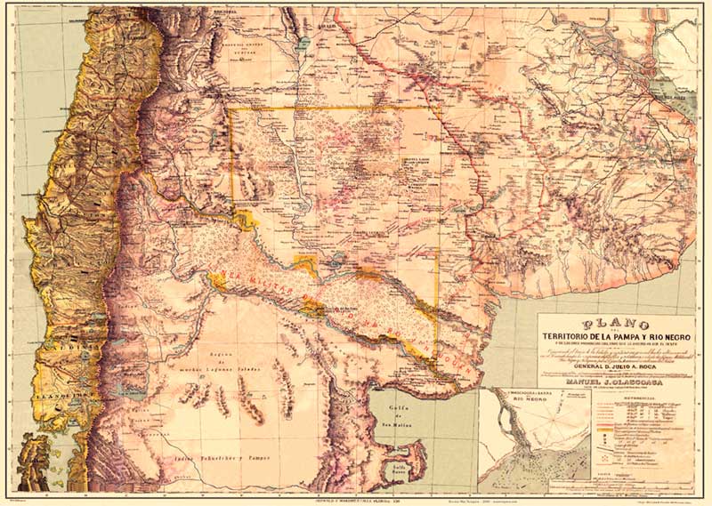 Mapa del territorio de la Pampa y Río Negro confeccionado por el Coronel Olascoaga, primer gobernador del territorio del Neuquén, publicado en su obra Estudio Topográfico de La Pampa y Río Negro (1880)