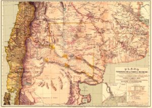 Mapa del territorio de la Pampa y Río Negro confeccionado por el Coronel Olascoaga, primer gobernador del territorio del Neuquén, publicado en su obra Estudio Topográfico de La Pampa y Río Negro (1880)