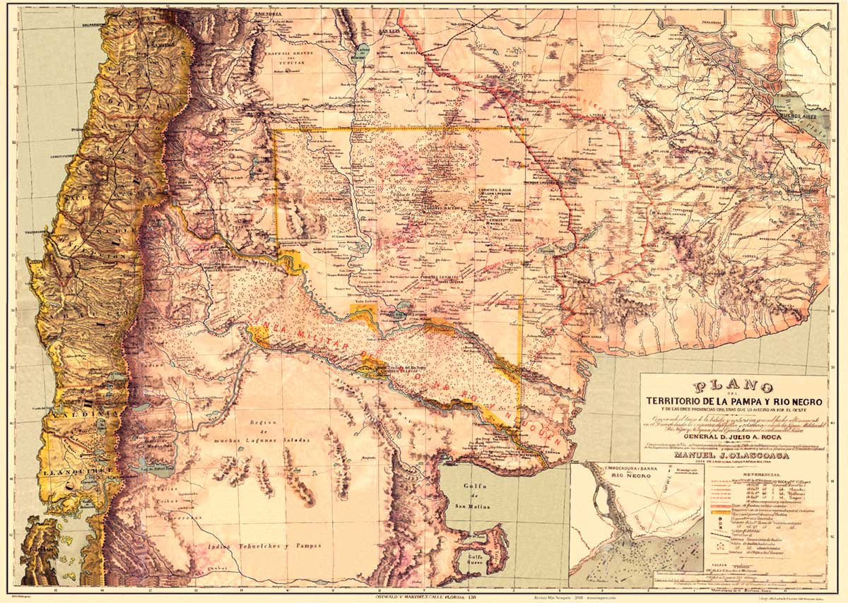 Mapa del territorio de la Pampa y Río Negro confeccionado por el Coronel Olascoaga, primer gobernador del territorio del Neuquén,  publicado en su obra Estudio Topográfico de La Pampa y Río Negro (1880)