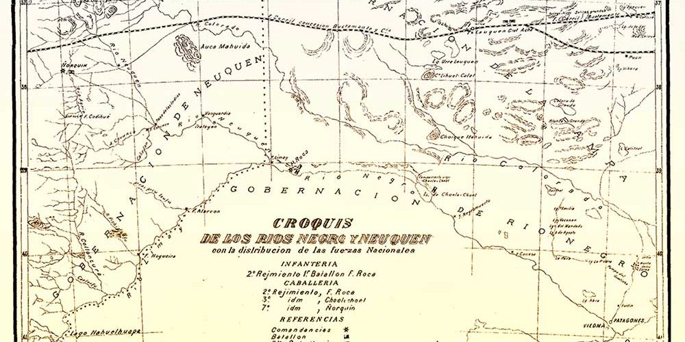 Croquis de los ríos Negro y Neuquén de 1887, con distribución de las fuerzas nacionales.