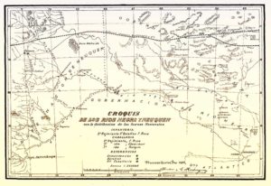 Croquis de los ríos Negro y Neuquén de 1887, con distribución de las fuerzas nacionales.