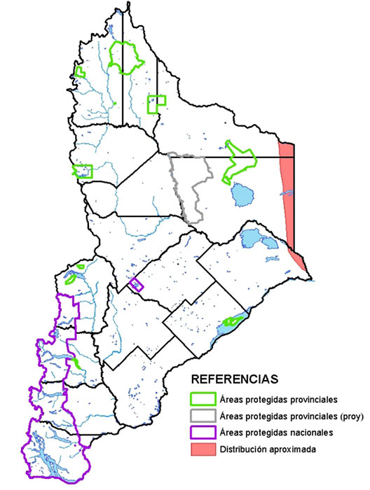 Área de distribución en Neuquén del Lagarto Colorado