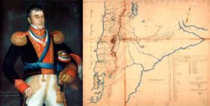 Izquierda: retrato de Don Luis de la Cruz y Goyeneche. Derecha: Mapa levantado por Luis de la Cruz y Goyeneche en 1806 y entregado con parte de su diario a las autoridades coloniales del Rio de la Plata.