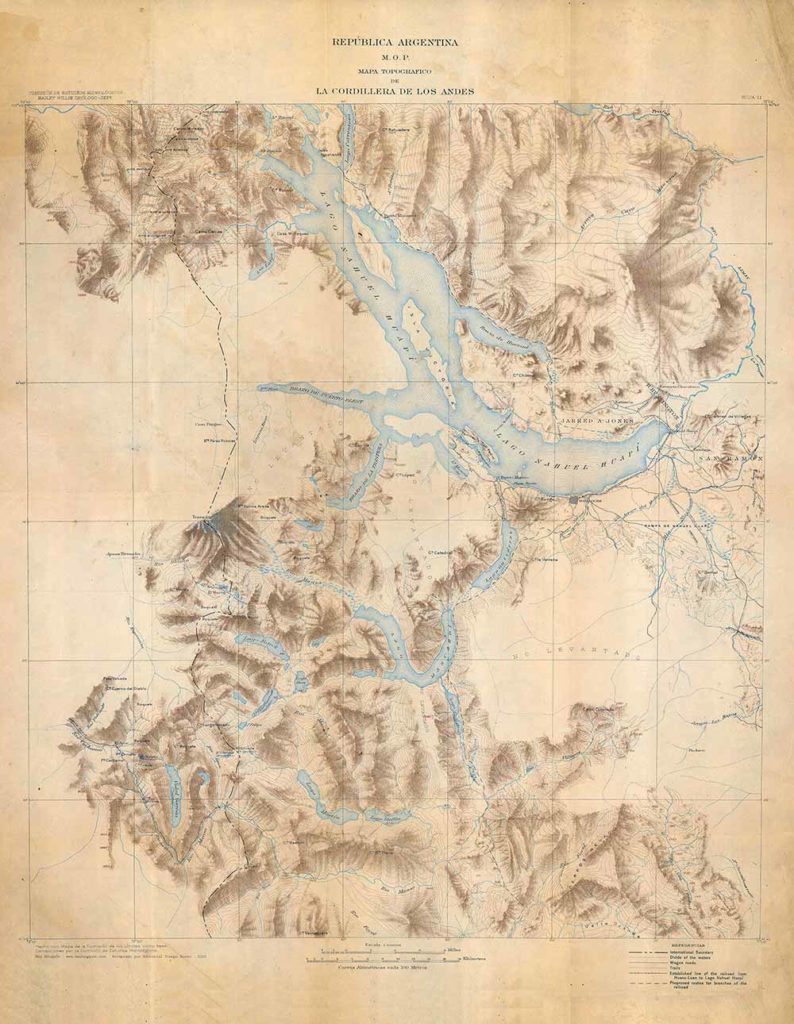 Mapa Topográfico de la cordillera de los Andes - Nahuel Huapi - 1914 - De la comisión de estudios hidrológicos dirigida por Bailey Willis.