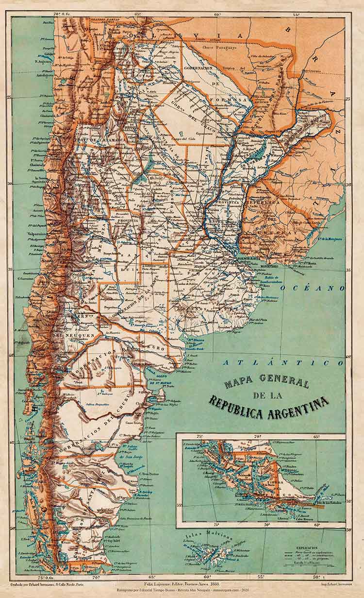 Mapa de la República Argentina, editado en 1888 por Felix Lajouane, impreso en la imprenta de Erhard hermanos.