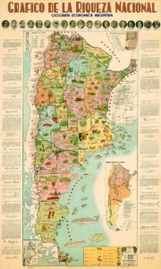 Mapa histórico de la Republica Argentina, con información y gráficos que muestran datos económicos hasta el año 1933.