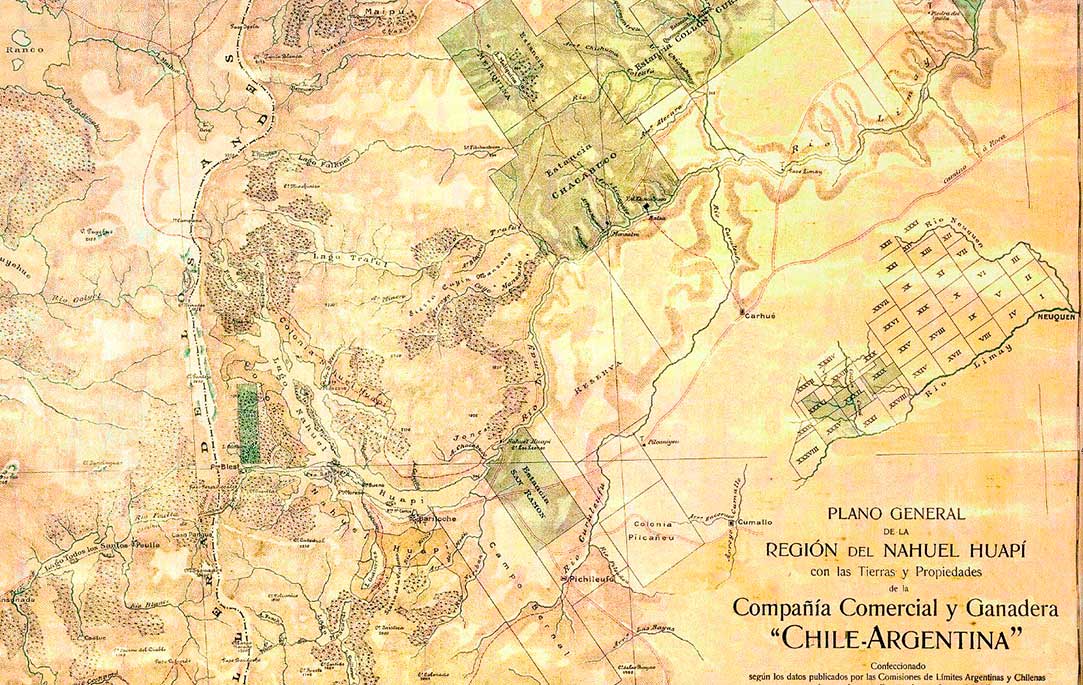 Plano general de la región del Nahuel Huapi (1909) con tierras y propiedades de la Compañía Comercial y Ganadera " CHILE - ARGENTINA"
