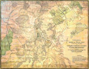 Plano general de la región del Nahuel Huapi (1909) con tierras y propiedades de la Compañía Comercial y Ganadera " CHILE - ARGENTINA"