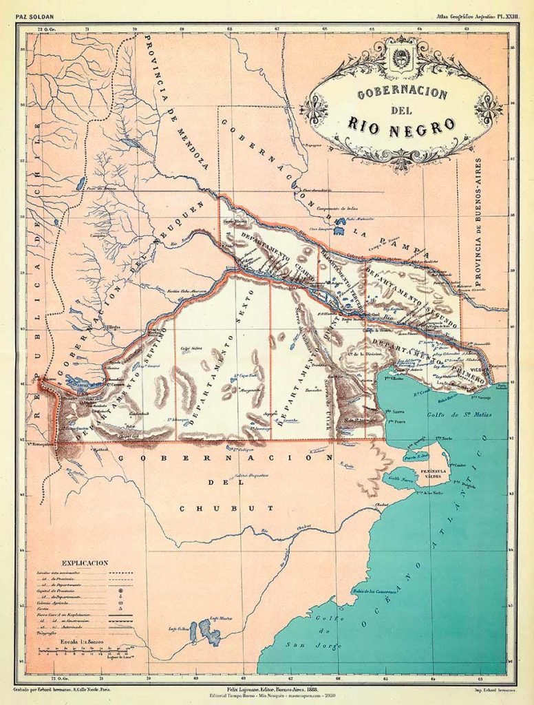 Mapa de la Gobernación de Río Negro en 1887 - reeditado en 1888, del Atlas Geográfico de la República Argentina, de Mariano Felipe Paz Soldán Buenos Aires - Librería de Felix Lajouane - 1887