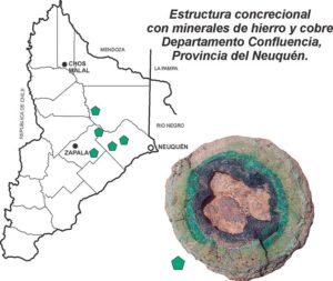 Estructura concrecional con minerales de hierro y cobre, Departamento Confluencia, Provincia del Neuquén.