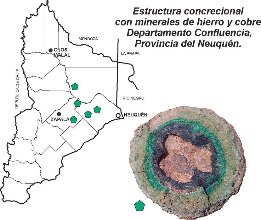Estructura concrecional con minerales de hierro y cobre, Departamento Confluencia, Provincia del Neuquén.