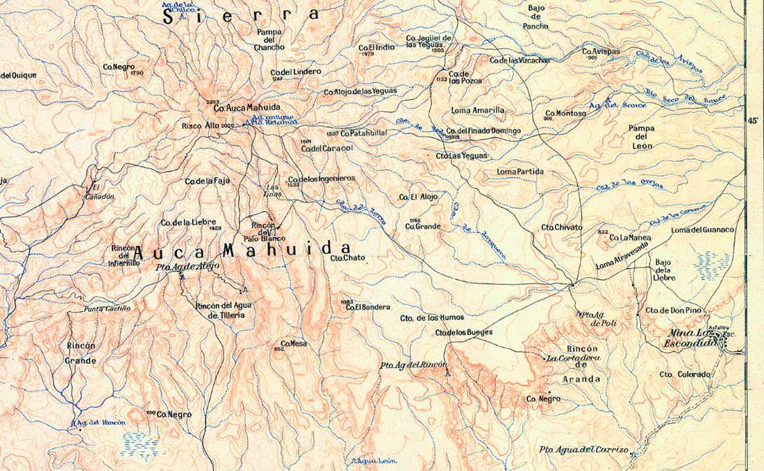 Plano topográfico – Auca Mahuida – 1945 – volcán y pueblo