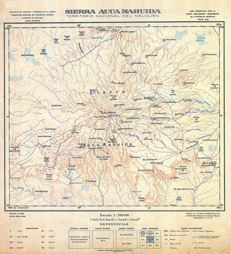Plano topográfico – Auca Mahuida – 1945 – volcán y pueblo 