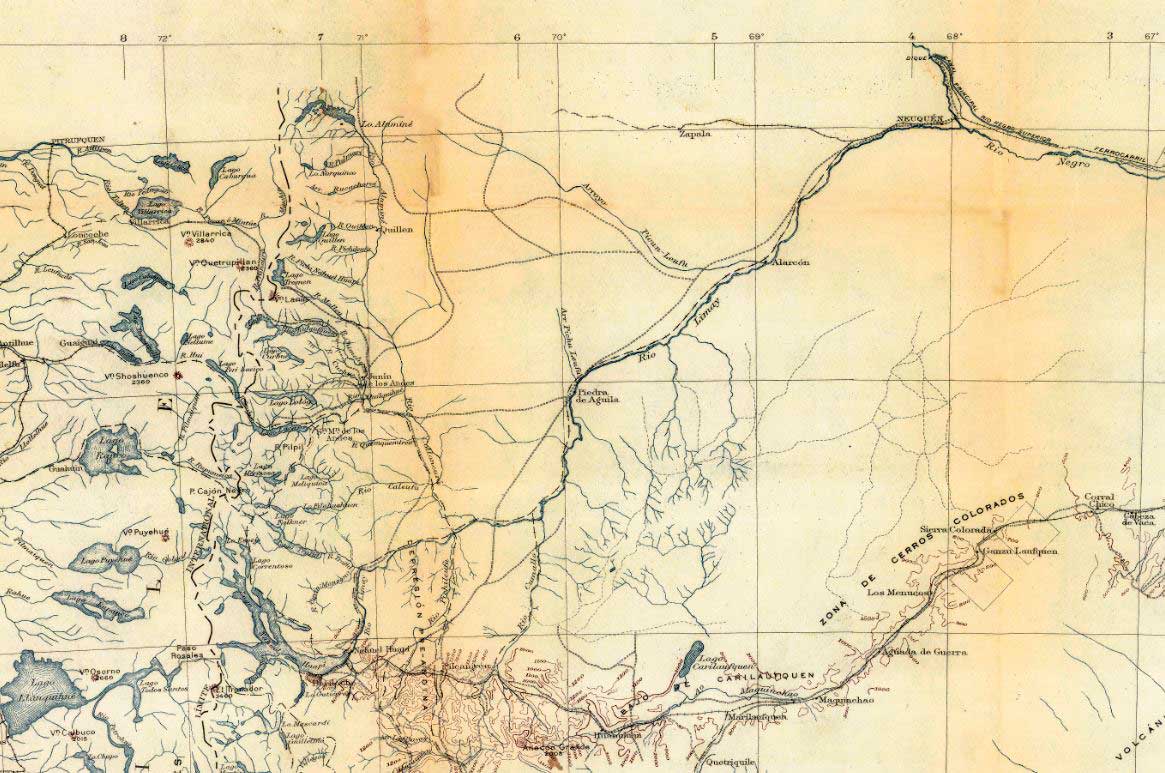 Mapa de la Patagonia Norte, elaborado por la comisión de estudios hidrológicos dirigida por el geólogo norteamericano Bailey Willis, publicado en su obra El norte de la Patagonia (1914)