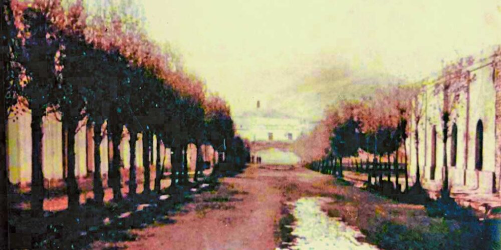 Alameda y Policía en Chos Malal. A la derecha, salón de fiestas de Gabriel Cirer. A la izquierda, Casa de Familia del Coronel Olascoaga, 1903. Imagen ilustrativa.