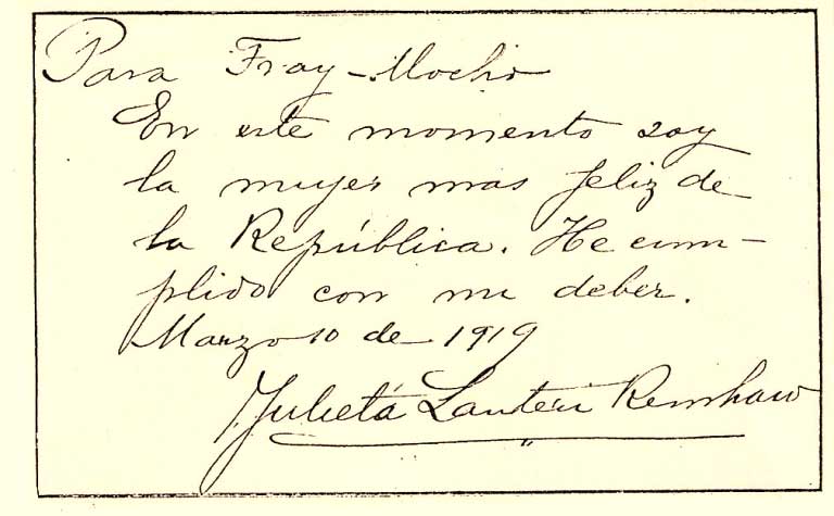 Tarjeta manuscrita enviada a la revista Fray Mocho, cuando se conformó el Partido Feminista Nacional.
