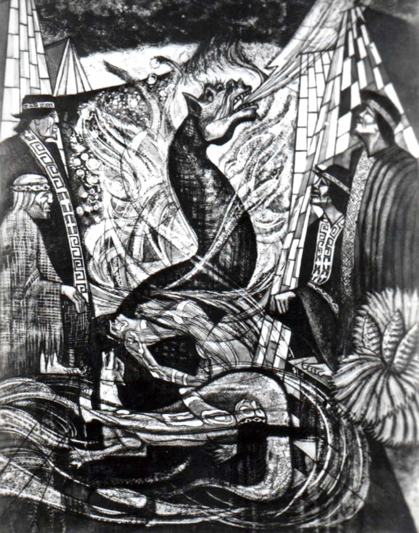 Ilustración titulada Cómo se inició el primer Nguillatún, basada en una leyenda