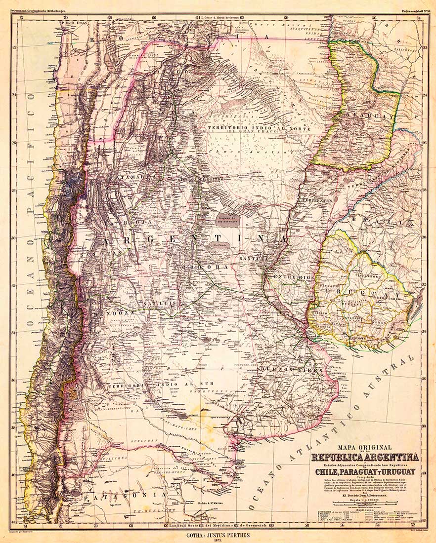 Mapa de la República Argentina y estados adyacentes, Chile, Paraguay y Uruguay, de 1875