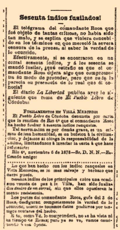 60 indios fusilados. Artículo del diario La Nación, 16 de noviembre de 1878
