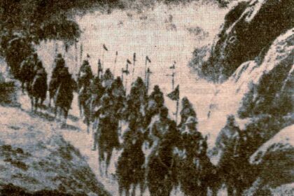 Una partida militar con algunos pehuenches marchando en un cañadón del sur mendocino. Del libro "Primitivos habitantes de Mendoza" de Morales Guiñazú.