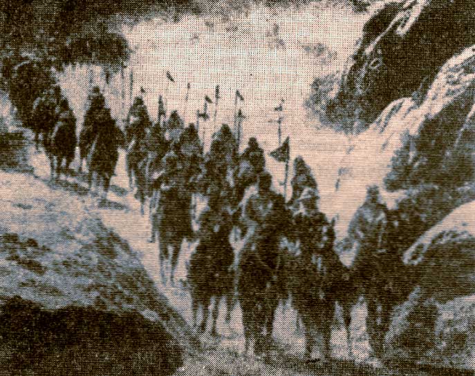 Una partida militar con algunos pehuenches marchando en un cañadón del sur mendocino. Del libro "Primitivos habitantes de Mendoza" de Morales Guiñazú.